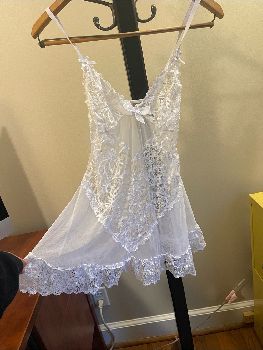 Source Unknown White Lace Sheer Chemise with Ribbon Accents